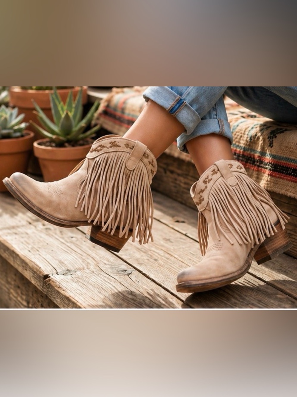 Junk Gypsy Lane Fringe Western Boots Tan Suede Ankle Cowgirl Boho Festival Size9